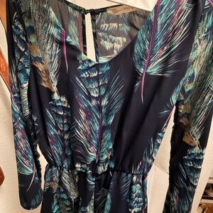 Feather-Print Navy Long-Sleeve Romper
